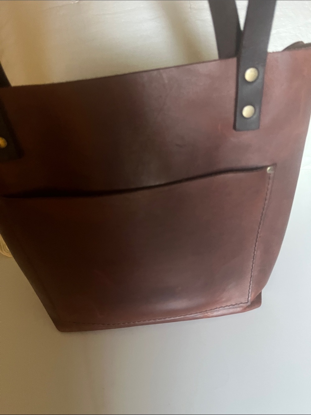 Unisex Brown Leather Tote Bag with Front Pocket And Inside Pocket.